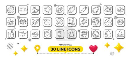 Illustration for Coconut, Sunrise and Corn line icons pack. 3d design elements. Sunny weather, Soy nut, Sunset web icon. Pecan nut, Water splash, Salad pictogram. Tree, Sun, Fish dish. Vector - Royalty Free Image