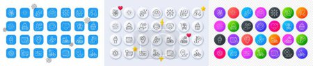 Illustration for Account, Discount and Electric bike line icons. Square, Gradient, Pin 3d buttons. AI, QA and map pin icons. Pack of Calendar, Bike, Hold heart icon. Vector - Royalty Free Image