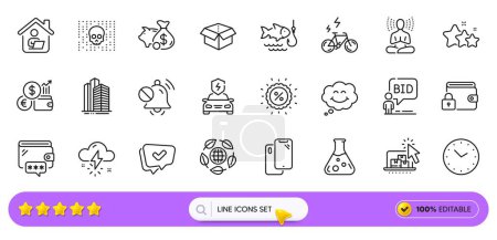 Illustration for Piggy bank, Approved and Time line icons for web app. Pack of Chemistry lab, Smartphone, Cyber attack pictogram icons. E-bike, Smile, Car charging signs. Currency rate, Yoga, Stars. Search bar. Vector - Royalty Free Image