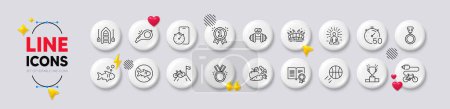 Yoga, Winner podium and Timer line icons. White buttons 3d icons. Pack of Honor, Vegetables, Diploma icon. Mountain bike, Stop fishing, Timer app pictogram. Medal, Arena stadium, Dumbbell. Vector