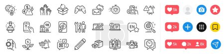 Illustration for Timer, Eco power and Share call line icons pack. Social media icons. Return package, Creative design, Pencil web icon. Hdd, Gamepad, Voting hands pictogram. Packing boxes, English, Clock. Vector - Royalty Free Image
