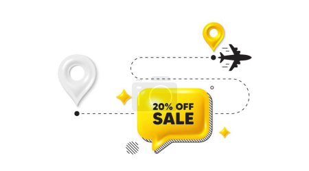 Illustration for Journey path position 3d pin. Sale 20 percent off discount. Promotion price offer sign. Retail badge symbol. Sale message. Chat speech bubble, place banner. Yellow text box. Vector - Royalty Free Image