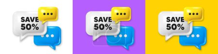 Illustration for Chat speech bubble 3d icons. Save 50 percent off tag. Sale Discount offer price sign. Special offer symbol. Discount chat text box. Speech bubble banner. Offer box balloon. Vector - Royalty Free Image