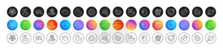 Illustration for Potato, Leaves and Organic tested line icons. Round icon gradient buttons. Pack of Safe planet, Water drop, Cashew nut icon. Cherry, Eco organic, Mint leaves pictogram. Vector - Royalty Free Image