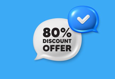 Illustration for 80 percent discount tag. Text box speech bubble 3d icons. Sale offer price sign. Special offer symbol. Discount chat offer. Speech bubble banner. Text box balloon. Vector - Royalty Free Image