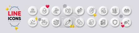 Mountain bike, Fair trade and Cough line icons. White buttons 3d icons. Pack of Medical mask, Capsule pill, Thermometer icon. Cook, Dermatologically tested, Carrot pictogram. Vector