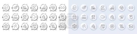 Illustration for Cardio calendar, Electronic thermometer and Medical insurance line icons. White pin 3d buttons, chat bubbles icons. Pack of Beach umbrella, Bike attention, Face search icon. Vector - Royalty Free Image