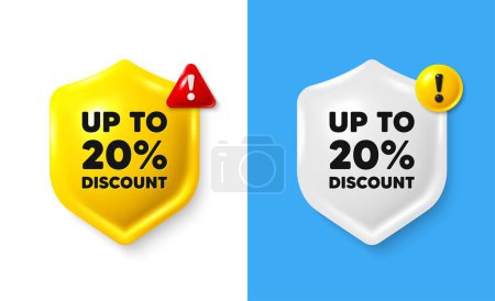 Illustration for Up to 20 percent discount. Shield 3d banner with text box. Sale offer price sign. Special offer symbol. Save 20 percentages. Discount tag chat protect message. Shield speech bubble banner. Vector - Royalty Free Image