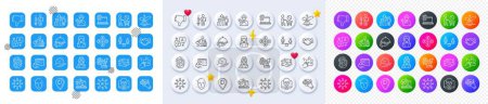 Illustration for Boat fishing, Video conference and Vaccination announcement line icons. Square, Gradient, Pin 3d buttons. AI, QA and map pin icons. Pack of Woman, Health skin, Online chemistry icon. Vector - Royalty Free Image
