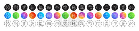 Illustration for Empower, Engineering and Time management line icons. Round icon gradient buttons. Pack of Restroom, Heart, Voicemail icon. Helping hand, Stress, Search employees pictogram. Vector - Royalty Free Image