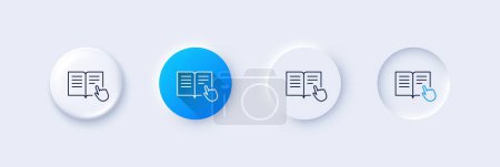 Illustration for Instruction Book line icon. Neumorphic, Blue gradient, 3d pin buttons. Education with hand pointer symbol. E-learning sign. Line icons. Neumorphic buttons with outline signs. Vector - Royalty Free Image