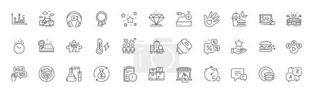 Illustration for Food delivery, Quick tips and Night eat line icons. Pack of Dishes, Crepe, Discounts chat icon. Survey results, Comment, Sports arena pictogram. Wholesale inventory, Stars, Power bank. Vector - Royalty Free Image