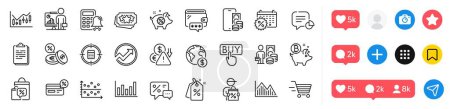 Illustration for Financial diagram, Discount tags and Calculator alarm line icons pack. Social media icons. Cashback, Global business, Wallet web icon. Audit, Calculator target, Piggy sale pictogram. Statistic. Vector - Royalty Free Image