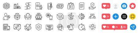 Illustration for Insurance hand, Security shield and Document line icons pack. Social media icons. Refrigerator, Like, Find user web icon. Cardio training, Freezing click, Calculator alarm pictogram. Vector - Royalty Free Image