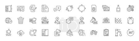 Illustration for Burger, Realtor and 360 degrees line icons. Pack of Hoody, Card, Checklist icon. Cupboard, Puzzle, Trash bin pictogram. Augmented reality, Businesswoman person, Discrimination. Line icons. Vector - Royalty Free Image