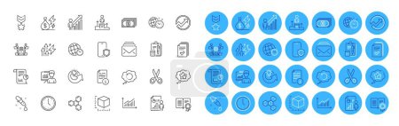 Illustration for Recovery data, Handout and Package size line icons pack. Diploma, Time management, Chemical formula web icon. Presentation, Share idea, Energy inflation pictogram. Payment. Color icon buttons. Vector - Royalty Free Image