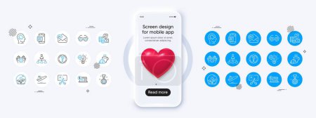 Illustration for Phone mockup with 3d heart icon. Change money, Winner reward and Flight mode line icons. Pack of Incubator, Headhunter, Safe time icon. Bankrupt, Receive mail, Mental conundrum pictogram. Vector - Royalty Free Image