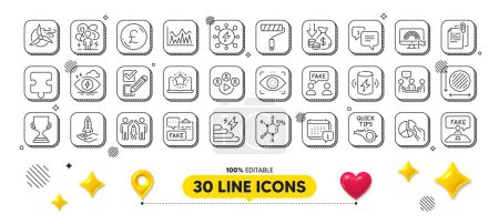 Illustration for Deflation, Charge battery and Paint roller line icons pack. 3d design elements. Difficult stress, Power, Tutorials web icon. Award cup, Fake review, Puzzle pictogram. Vector - Royalty Free Image
