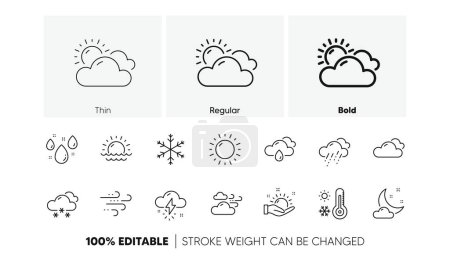 Cloudy sky, winter snowflake, thermometer. Weather and forecast line icons. Moon night, rain and sunset icons. Weather temperature, meteorology forecast. Linear set. Line icons set. Vector
