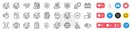 Illustration for Vaccine report, Vitamin h1 and Volunteer line icons pack. Social media icons. Vitamin k, Coronavirus, Shield web icon. Insurance policy, Digestion, Boron mineral pictogram. Vector - Royalty Free Image