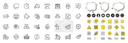 Illustration for Set of Print image, Global business and Receive file line icons for web app. Design elements, Social media icons. Hot offer, Check eye, Engineering documentation icons. Vector - Royalty Free Image