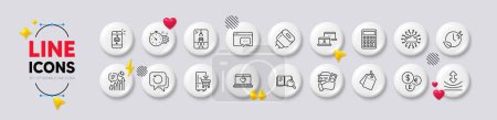 Ilustración de Iconos de línea de correo, calculadora y mensaje geográfico. Botones blancos 3d iconos. Paquete de red Cloud, Alquiler de coches, Grúa icono de la máquina garra. Tiempo de carga, trabajo de externalización, pictograma de datos de recuperación. Vector - Imagen libre de derechos