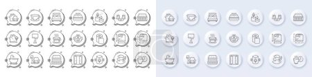 Ilustración de Bañera, tamaño del paquete e iconos de línea de almohada. Botones blancos del perno 3d, iconos de las burbujas del chat. Pack de puerta abierta, lámpara de araña, icono de almohadas. Sillón, colchón flexible, pictograma transpirable del colchón. Vector - Imagen libre de derechos