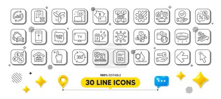 Illustration for Update data, Approved checkbox and Tv line icons pack. 3d design elements. Wholesale goods, Global business, Cogwheel web icon. Quick tips, Buying house, Online voting pictogram. Vector - Royalty Free Image