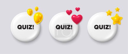 Illustration for White buttons with 3d icons. Quiz tag. Answer question sign. Examination test symbol. Quiz button message. Banner badge with balloons, stars, heart. Social media icons. Vector - Royalty Free Image
