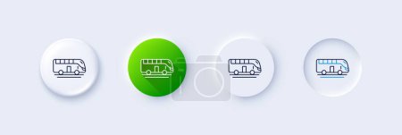 Ilustración de Bus tour icono de la línea de transporte. Neumorfa, gradiente verde, botones de pin 3d. Señal de transporte. Símbolo turístico o de vehículo público. Iconos de línea. Botones neumórficos con signos de contorno. Vector - Imagen libre de derechos