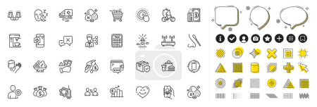 Set von Fahrrad-Timer, Wifi und Ambulance Transport Line Symbole für Web-App. Gestaltungselemente, Social-Media-Symbole. Klicken Sie auf Hand, Coronavirus-Impfstoff, Sicherheitssymbole. Ablehnung, Blut, Leuchtturmschilder. Vektor