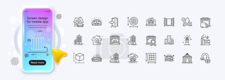 Illustration for Lighthouse, Moving service and Radiator line icons for web app. Phone mockup gradient screen. Pack of Construction building, Buildings, Building warning pictogram icons. Vector - Royalty Free Image