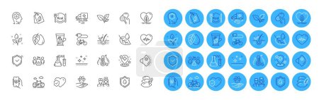 Illustration for Heartbeat, Medical mask and Doctor line icons pack. Clean skin, Life insurance, Mineral oil web icon. Shield, Calories, Pillow pictogram. Electric bike, Social distance, Plants watering. Vector - Royalty Free Image