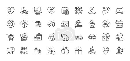Illustration for Baggage size, Christmas ball and Vr line icons pack. AI, Question and Answer, Map pin icons. Shopping cart, Ice cream, Special offer web icon. New star, Christmas calendar, Pin pictogram. Vector - Royalty Free Image