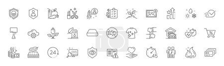 Illustration for Add photo, Hold heart and Beauty line icons. Pack of Checkbox, Deflation, Table lamp icon. Cloud computing, Like, Juice pictogram. Cardio training, Lightweight mattress, Weather. Card. Vector - Royalty Free Image