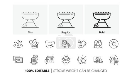 Yummy smile, Wedding glasses and Online shopping line icons. Pack of Balloon dart, No sun, Cake icon. Photo album, Baggage scales, Fishing float pictogram. Spf protection, Grill, Home grill. Vector