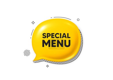 Illustration for Special menu tag. Comic speech bubble 3d icon. Kitchen food offer. Restaurant menu. Special menu chat offer. Speech bubble comic banner. Discount balloon. Vector - Royalty Free Image