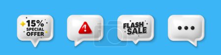 Illustration for Offer speech bubble 3d icons. 15 percent discount offer tag. Sale price promo sign. Special offer symbol. Discount chat offer. Flash sale, danger alert. Text box balloon. Vector - Royalty Free Image