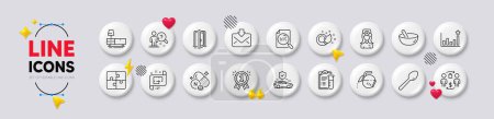 Illustration for Reward, Search file and Spoon line icons. White buttons 3d icons. Pack of Paint brush, Medical analyzes, Cooking mix icon. Efficacy, Architectural plan, Incoming mail pictogram. Vector - Royalty Free Image