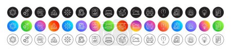 Illustration for Ethics, Recovery laptop and Lotus line icons. Round icon gradient buttons. Pack of Report, Calendar, Coronavirus icon. Swipe up, Report document, Prescription drugs pictogram. Vector - Royalty Free Image