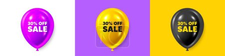 Illustration for Birthday balloons 3d icons. Sale 30 percent off discount. Promotion price offer sign. Retail badge symbol. Sale text message. Party balloon banners with text. Birthday or sale ballon. Vector - Royalty Free Image