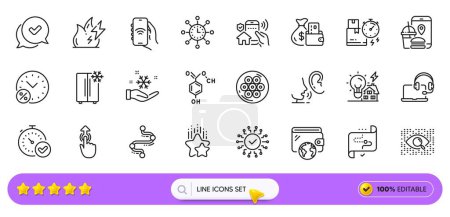 Illustration for Timeline, Whisper and Building energy line icons for web app. Pack of Food app, Chemical formula, Approved pictogram icons. Wallet, Refrigerator, Swipe up signs. Fast verification . Search bar. Vector - Royalty Free Image