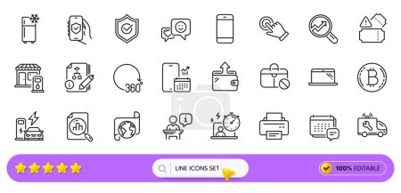 Illustration for Analytics graph, Filling station and Phone calendar line icons for web app. Pack of Bitcoin, Podium, Smile pictogram icons. Timer, Translation service, Car service signs. Approved shield. Vector - Royalty Free Image