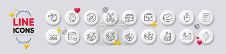 Safe energy, Chromium mineral and Healthcare calendar line icons. White buttons 3d icons. Pack of Qr code, Cloud protection, Checklist icon. No vaccine, Medical tablet, Mental health pictogram. Vector