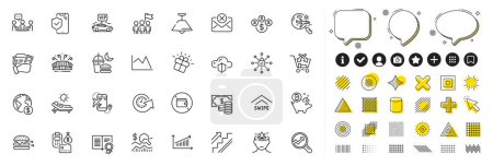 Set of Flight destination, Yoga mind and Swipe up line icons for web app. Design elements, Social media icons. Ceiling lamp, Global business, Gift icons. Lounger, Line chart, Leadership signs. Vector