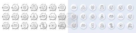 Illustration for Dress, Shirt and Shoes line icons. White pin 3d buttons, chat bubbles icons. Pack of Sunglasses, Moisturizing cream, Sun protection icon. Bra, Pantothenic acid, Sunscreen pictogram. Vector - Royalty Free Image