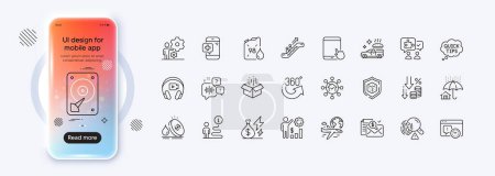 Illustration for Deflation, Fuel price and Employees wealth line icons for web app. Phone mockup gradient screen. Pack of Accounting report, Home facility, Project deadline pictogram icons. Vector - Royalty Free Image