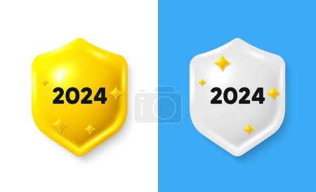 2024 year icon. Shield 3d icon banner with text box. Event schedule annual date. 2024 annum planner. 2024 chat protect message. Shield speech bubble banner. Vector