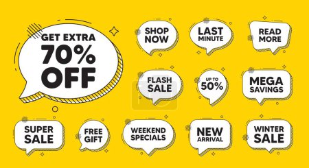 Illustration for Offer speech bubble icons. Get Extra 70 percent off Sale. Discount offer price sign. Special offer symbol. Save 70 percentages. Extra discount chat offer. Speech bubble discount banner. Vector - Royalty Free Image