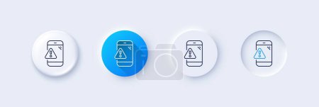 Warning message line icon. Neumorphic, Blue gradient, 3d pin buttons. Phone alert sign. Caution app symbol. Line icons. Neumorphic buttons with outline signs. Vector